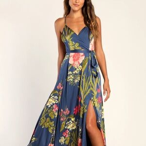 Still the One Blue Floral Print Satin Maxi Dress